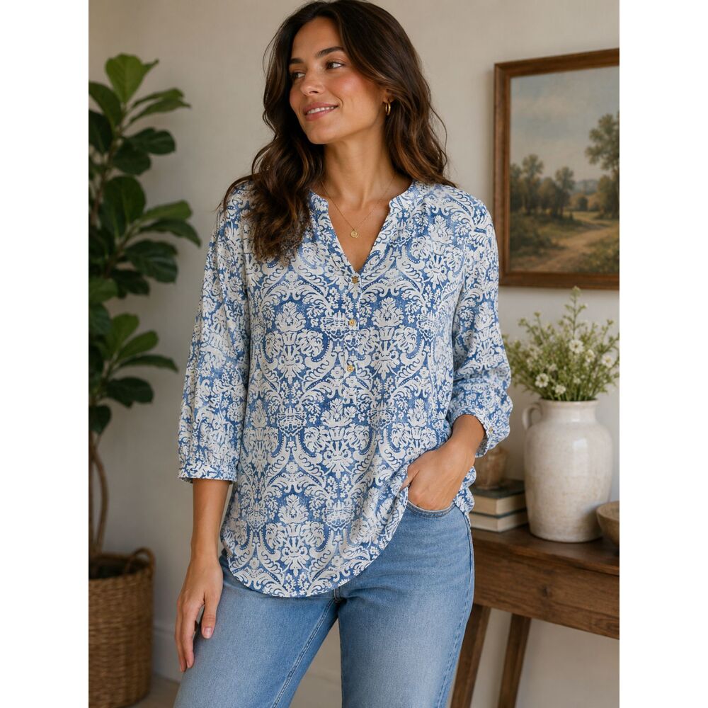 Damask Print Boho Peasant Blouse | Lightweight 3/4 Sleeve Cottagecore Top M